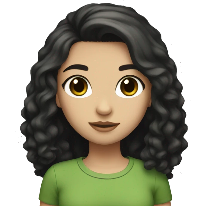 Girl, white skin, black long hair, big brown eyes, eyelashes, green shirt emoji