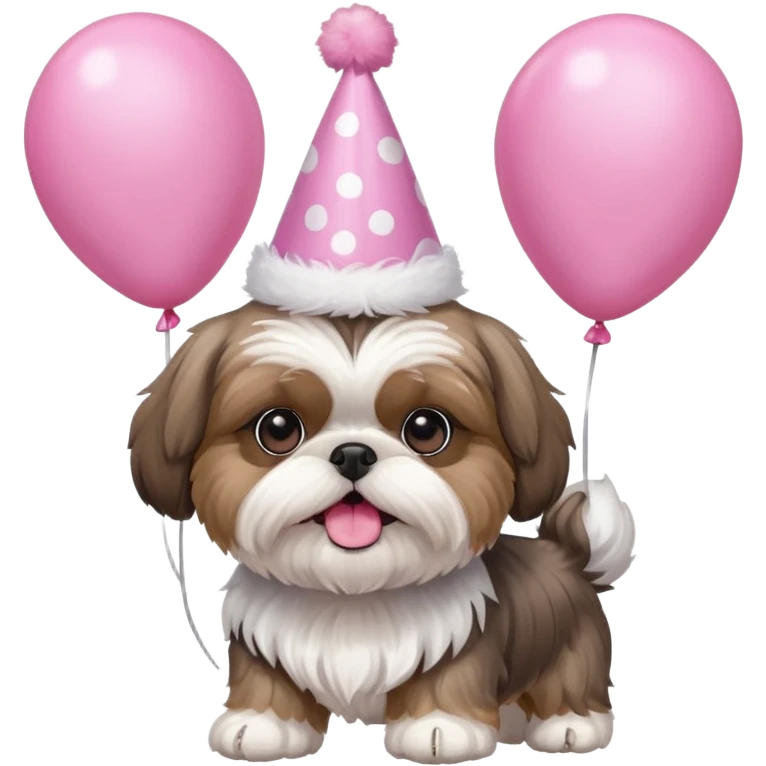 cute shih tzu hold a few pink balloons  with pink birthday hat emoji