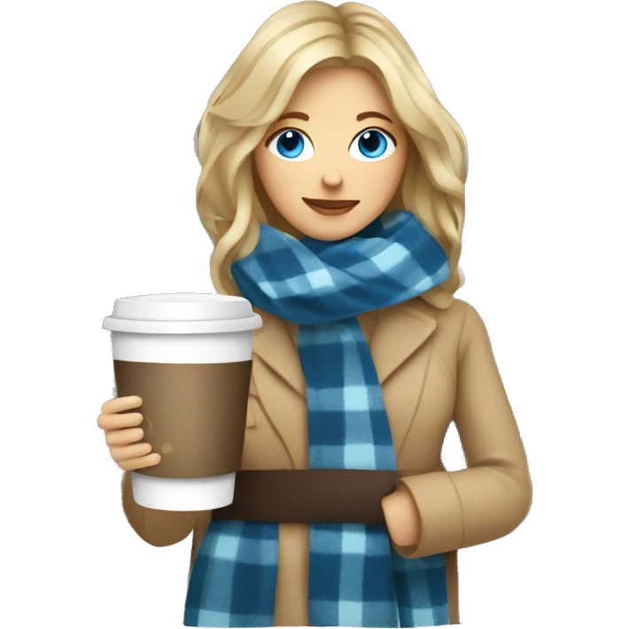 Dark blonde hair woman with blue eyes wrapped in plaid blanket with coffee emoji