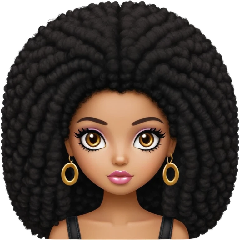 pretty bratz girl, dark black big afro, dark brown eyes, y2k fashion, black eyeliner, deep brown skin emoji