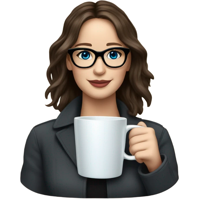 Photo of Brunette Jennifer Lawrence wearing black glasses and blue eyes drinking coffee  emoji