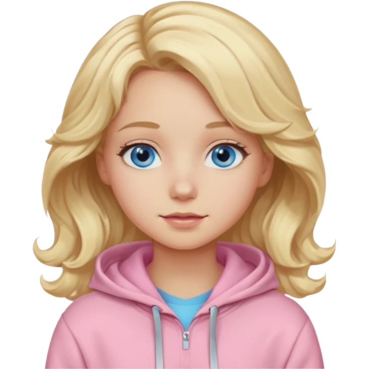 Generate a blonde girl with blue eyes with wavy hair in a pastel pink hoodie  emoji