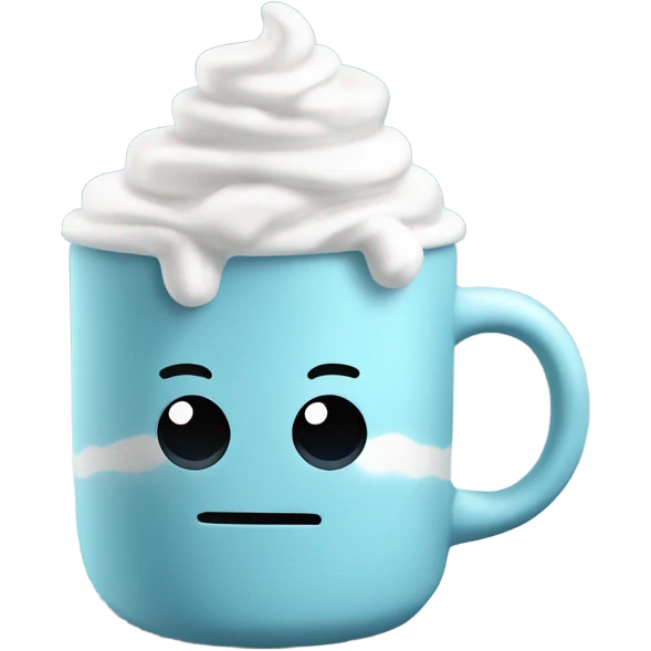 Light blue mug of hot chocolate with marshmallows and whip cream emoji