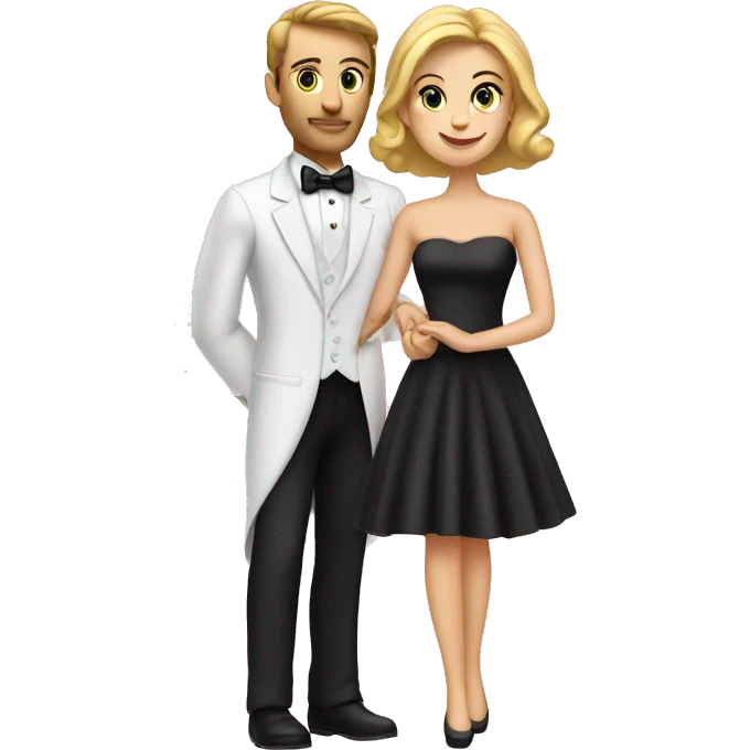 Caucasian couple in tuxedo and pink gown dramatically posing together  emoji