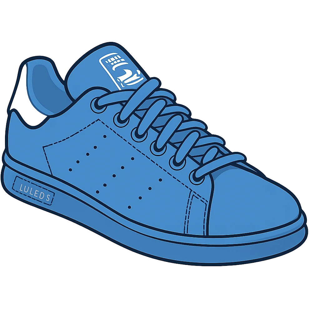 Add visible laces detail to the blue adidas Stan Smith shoe in emoji style with no background. emoji