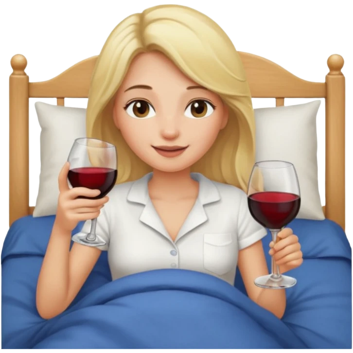Blondt hår, trøtt i senga, jente, veldig blid, vinglass emoji