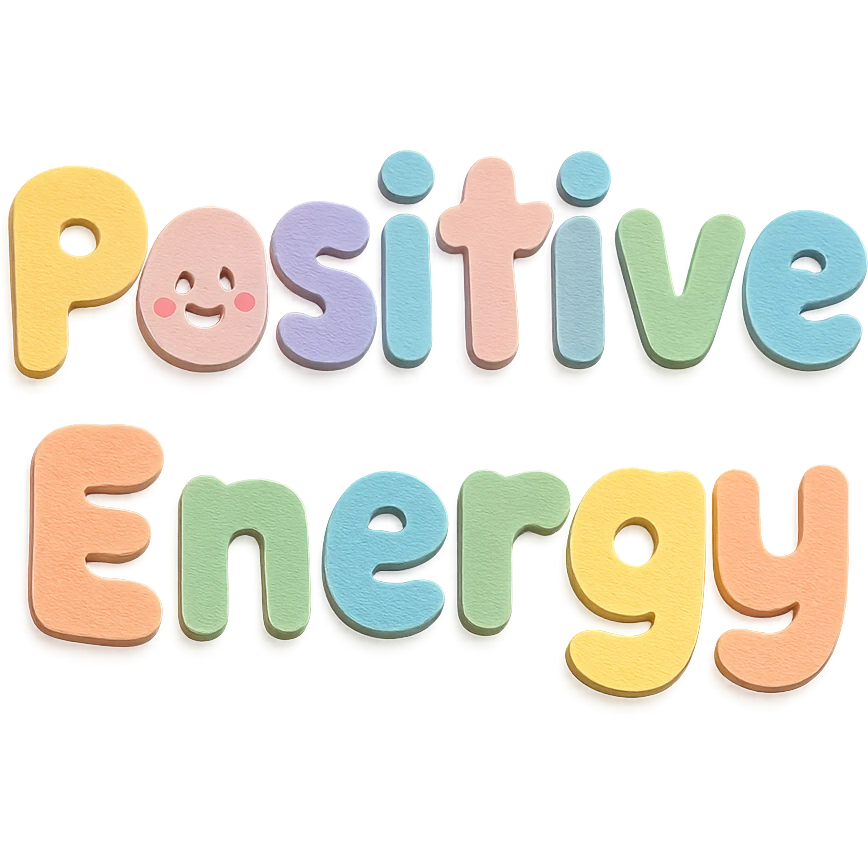 "Positive Energy" in soft pastel rainbow puffy rounded letters, kawaii cute style, no border, transparent background emoji