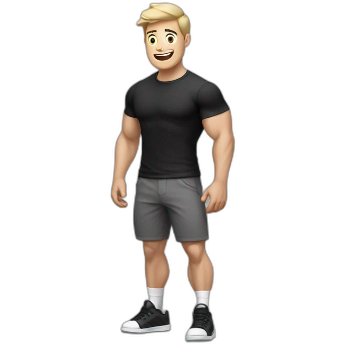 amazed Open with surprise mouth Pale skinned Fit Man With the biceps and dark brown hair in black shirt, gray sports shorts and white Sneakers emoji