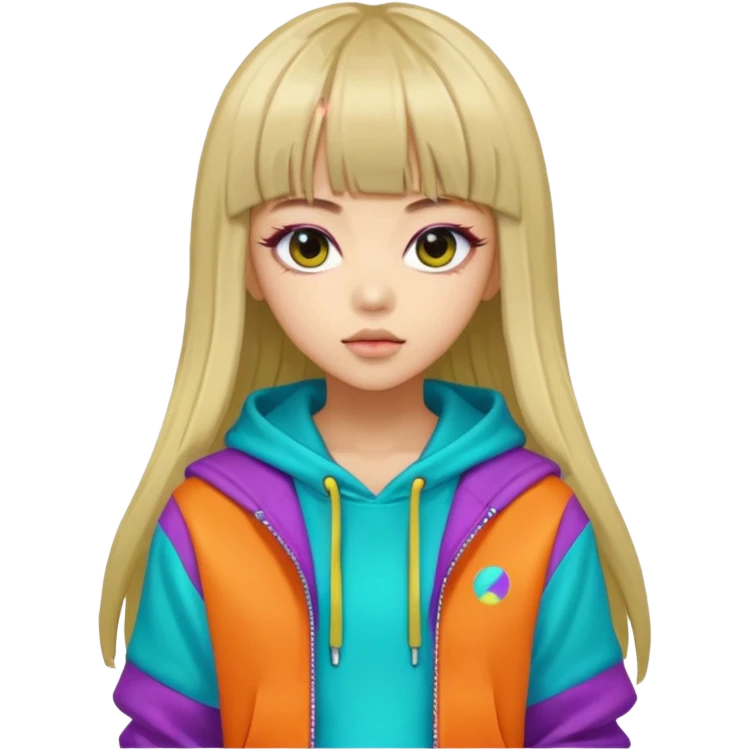  portrait-of-a-alien-k-pop-idol,-wearing-a-stylish-streetwear-outfit-with-layered-colorful-clothing,-long-hair-with-bangs,-makeup,- emoji