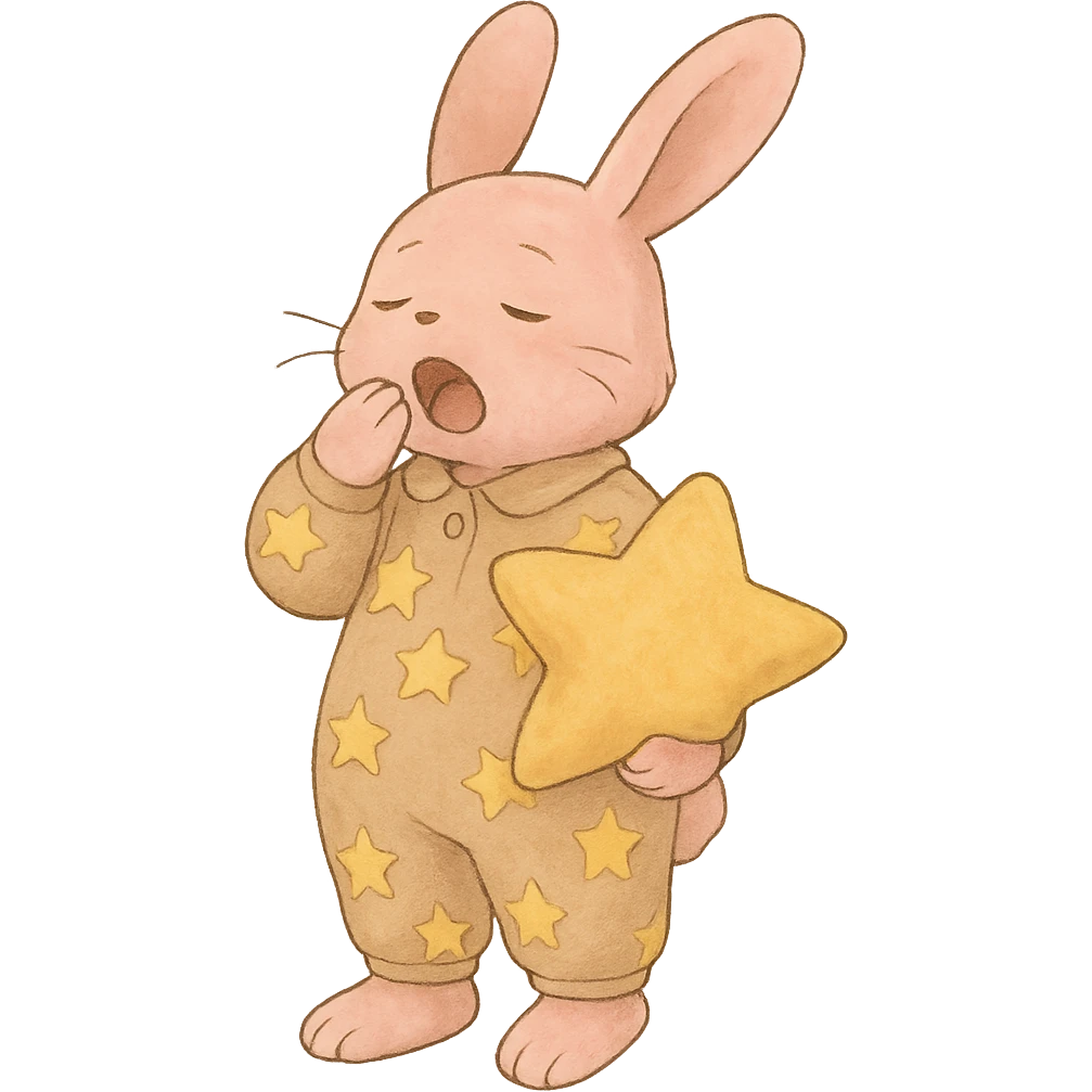 full-body pastel pink bunny in star-pattern pajamas, holding a star-shaped pillow, yawning with sleepy eyes, standing pose, soft kawaii ghibli illustration emoji