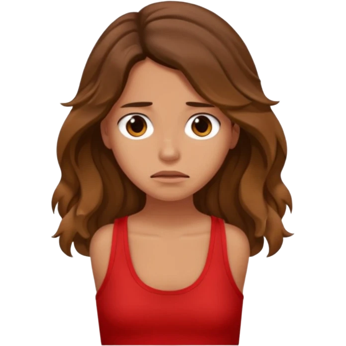generate a pretty tan bratz girl with brown wavy hair long wearing a red tank top looking sad emoji