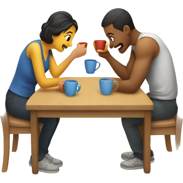 "An emoji of a family—mother, father, and child—sitting around a table playing a cup game, with the cups arranged in front of them as they enjoy the game together emoji