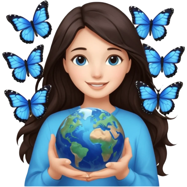 Successful CEO (brunette girl, another emoji, in the middle), holding the Earth 🌍 in her hands smiling warmly, blue monarch butterflies fly around her. emoji