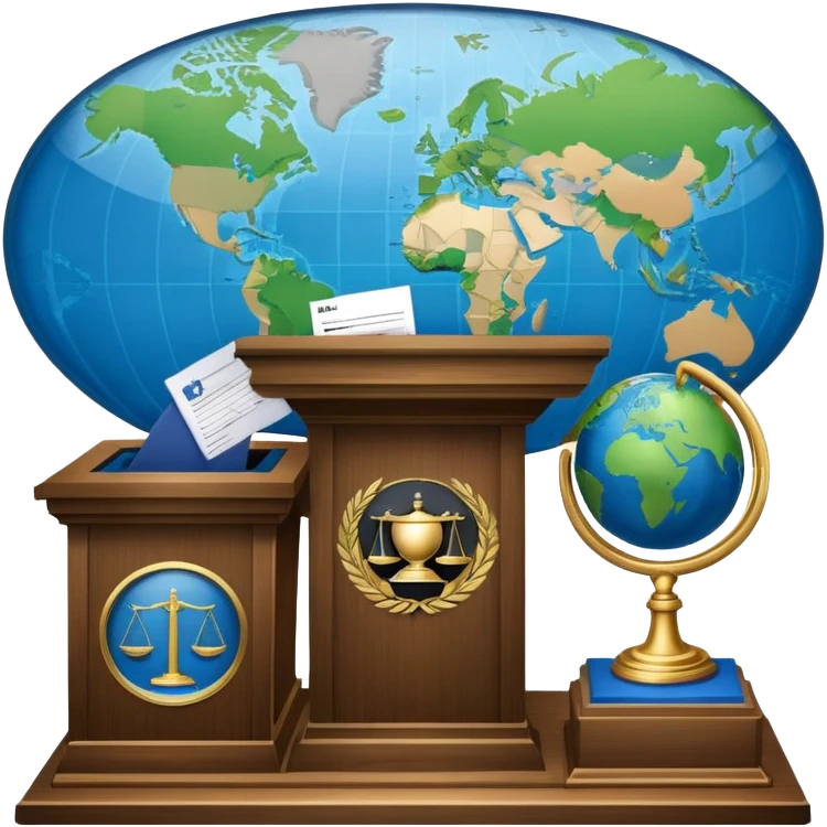 An icon featuring a podium with a speaker, a ballot box with a voting slip, and a globe, symbolizing political science. The design includes scales of justice and a world map in the background, representing governance and global politics. Transparent background highlights political analysis. emoji