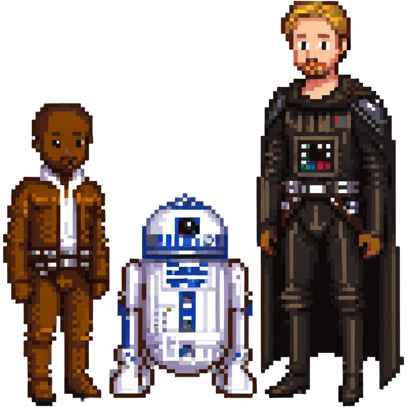 Neger meeting Ryan Gosling in a Star Wars costume with simple background in pixel art style emoji