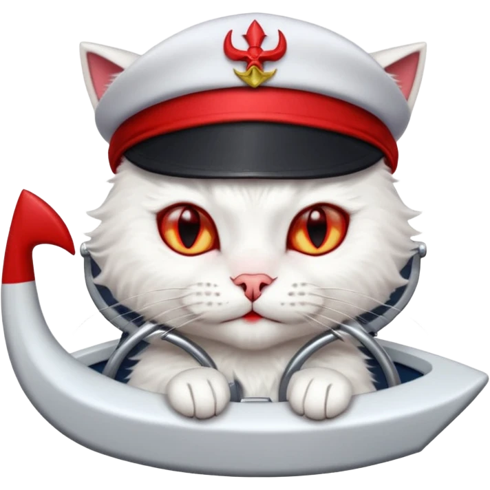 a devlish looking kitty cat at the helm of a catamaran driving it emoji