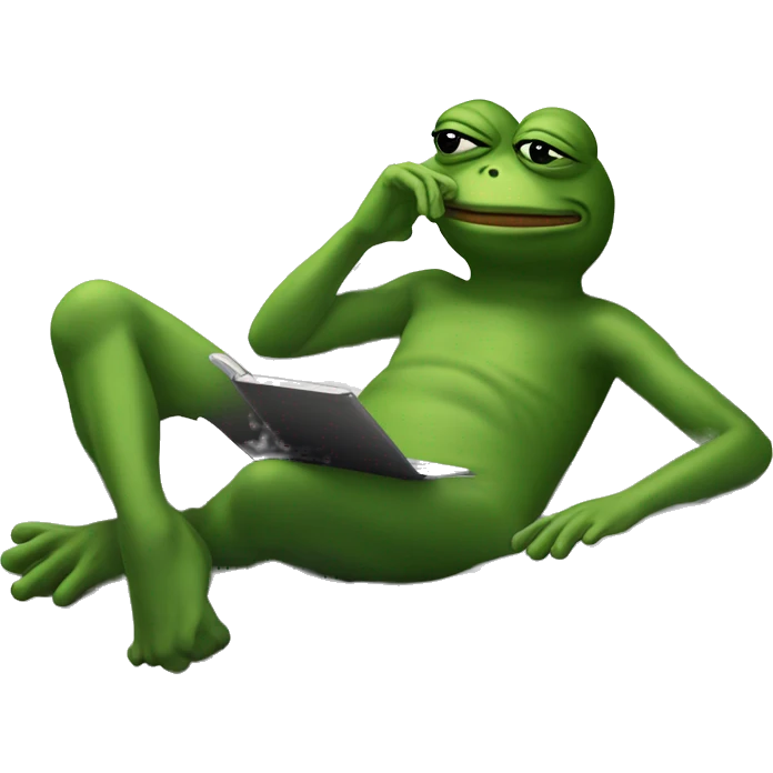 Pepe frog is relaxing on bed and thinking, there’s the think who writes seekers alliance in the cloud emoji