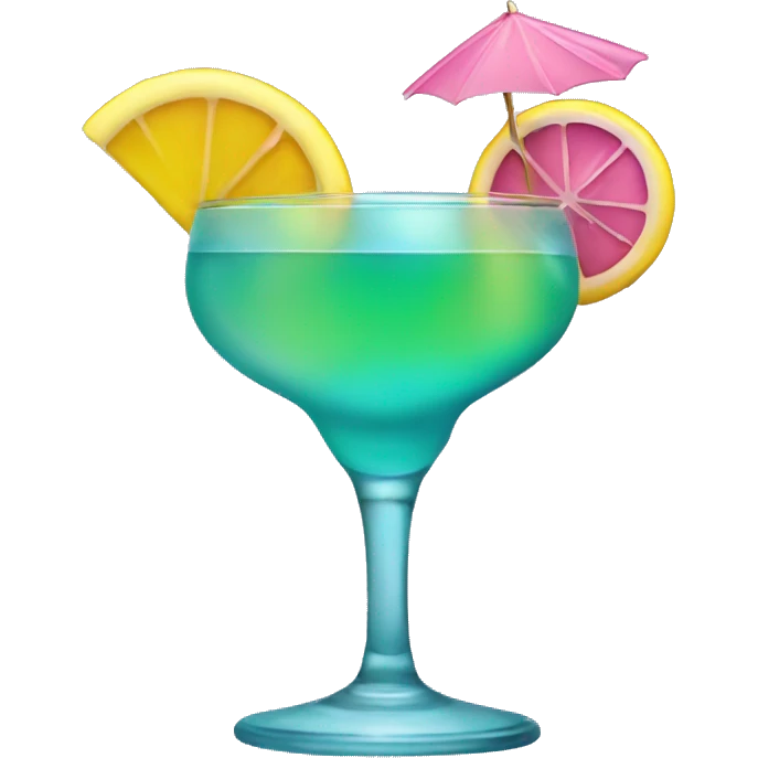 Bluish green cocktail with pink and yellow emoji