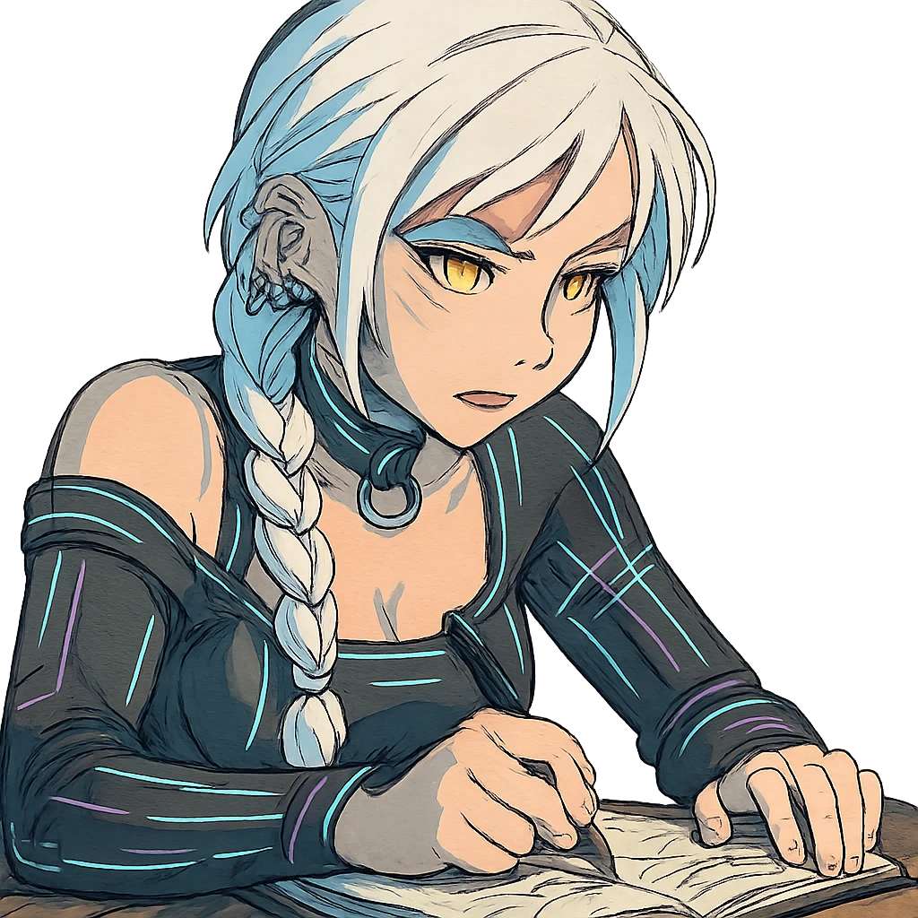  she is scribbling furiously in a notebook, a closeup portrait of young woman with gold yellow eyes, white hair, long braid, black off-shoulder top d-cup, punk gothic style, futuristic cyberwave cyberpunk, sitting position
 emoji