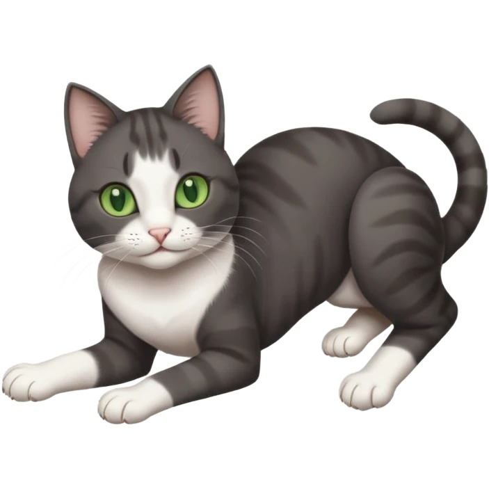 beautiful female solid dark grey cat with green eyes, white toes/paws and white patch on her chest playfully rolling upside down emoji