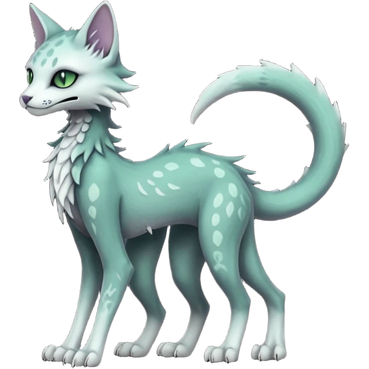 Kawaii divine du dark pastel whitish blackish swampy white-skeletal gloomy ghostly dark greyish dark-deep-greenish foggy eldritch elegant cute beautiful realistic edgy fantasy ghoul-like stitched feline-vernid-sergal-fursona animal creature with a tufted tail full body with intricate markings  emoji