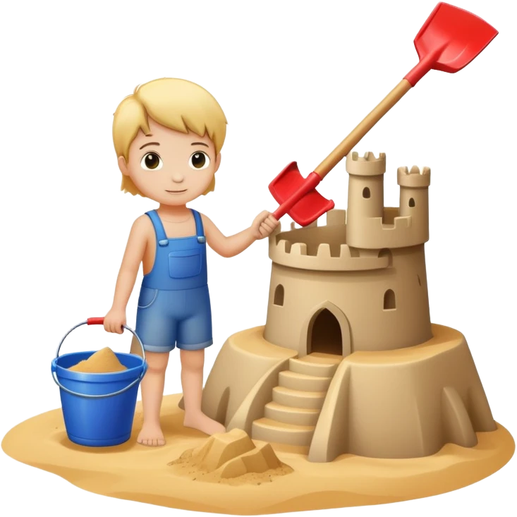 child with a bucket and shovel next to a sandcastle emoji