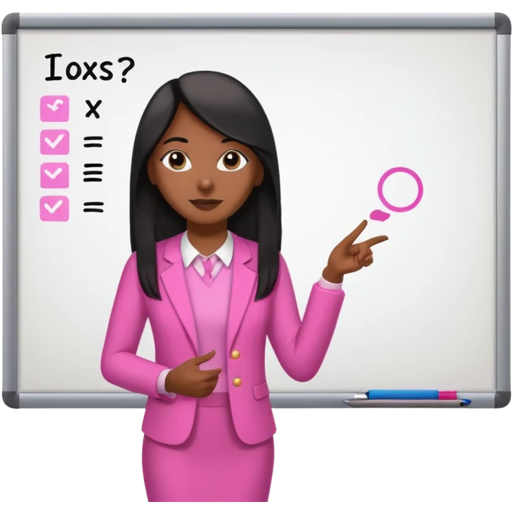 a brown skin teacher with hair with black straight long hair wearing pink not hot pink 2 piece set teaching up on a board the board  emoji