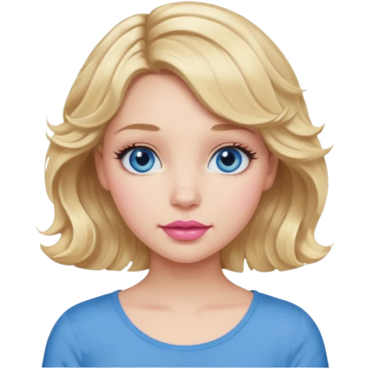 Girl Blonde short wavy hair,  blue eyes, cute blue top, long lashes, pink lips, 👄  emoji