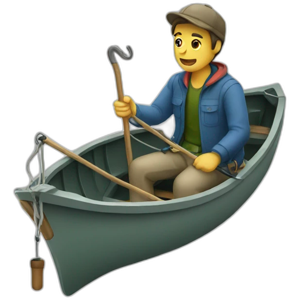 Man sitting on boat, holding fishing hook emoji