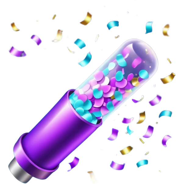 glowing confetti popper emoji, purple and cyan colors, emitting confetti and sparkles, vibrant celebration atmosphere emoji