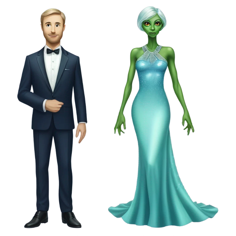 reptilian alien green skin woman, in long slim pastel blue formal party satin dress with gradient shiny sparkling navy blue diamonds embroidered , and caucasian man in black dres emoji