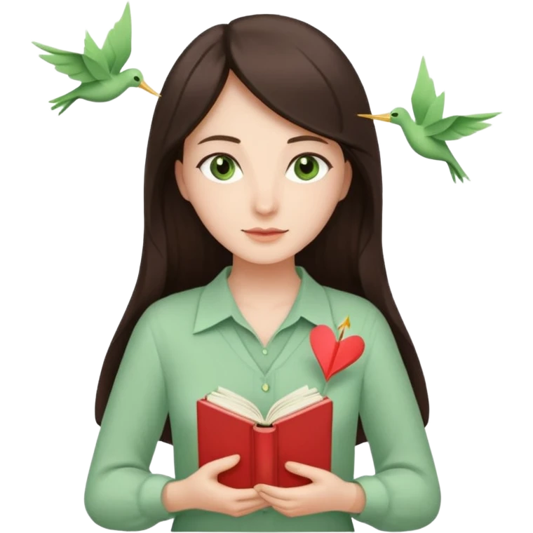 Gentle woman with fair skin, long dark brown hair, green eyes, light green blouse, holding a book to her chest. Surrounded by a heart, paper crane, leaves, and candle. Waist-up, front-facing emoji
