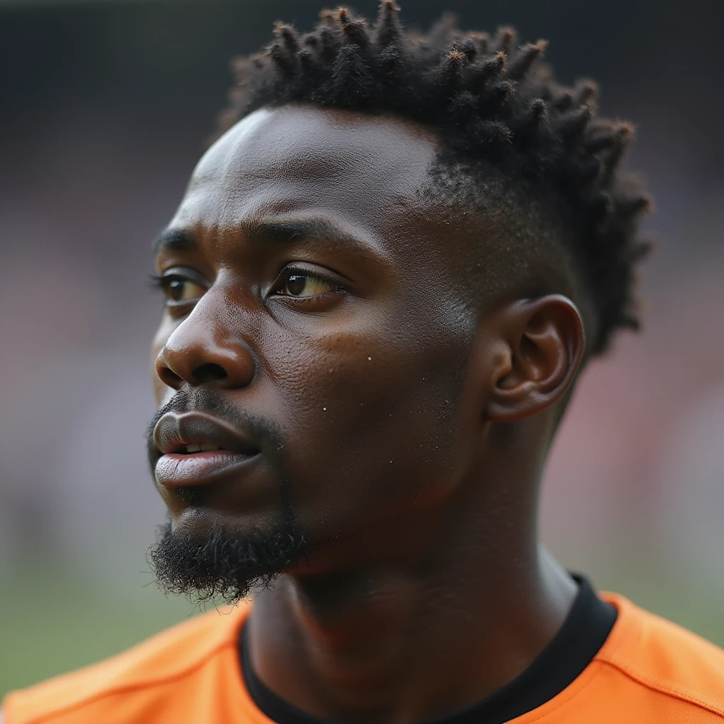 realistic style close-up of face of André Onana, football goalkeeper, focused expression, short hair, dark skin, blurred background emoji