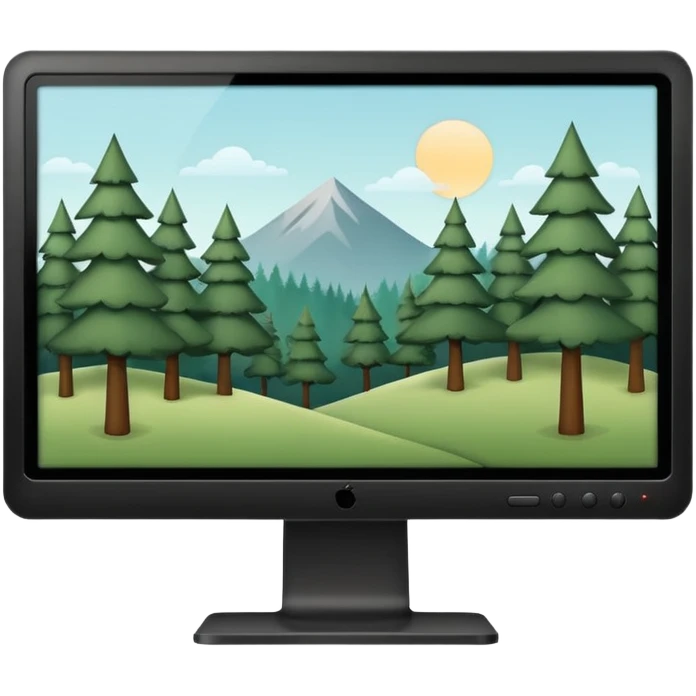 Minimalistic flat vector icon, iOS style, thin black contour on white background. Computer monitor with a simple forest scene on the screen (trees, minimal landscape). Clean, no text, no shadows emoji