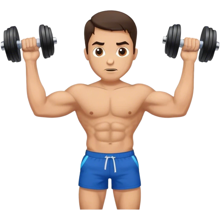 brunette buff man with blue shorts holding dumbbells and shrugging emoji