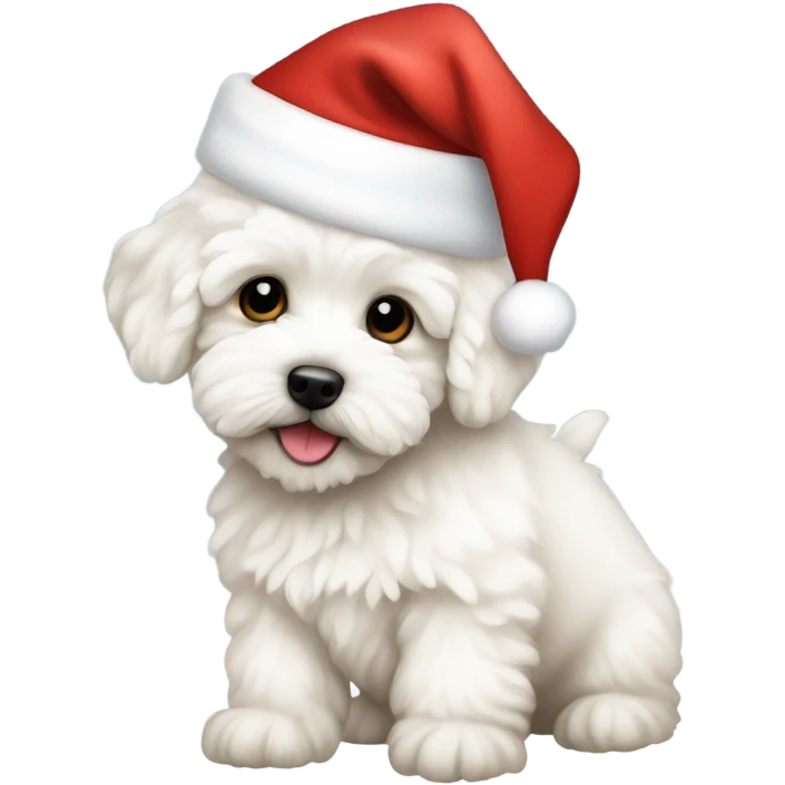 White Maltipoo puppy wearing a santa hat emoji