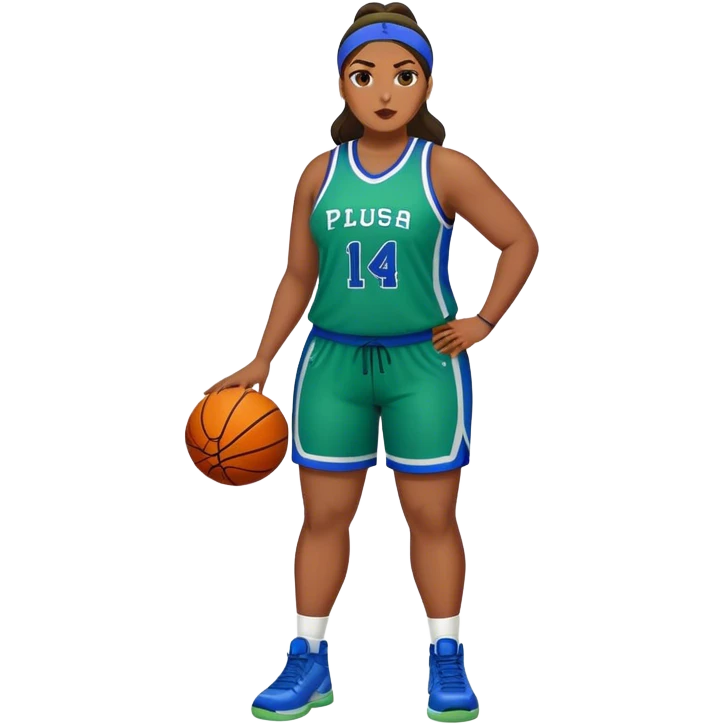 Full Body Latino plus size women basketball player wearing blue and green uniform emoji