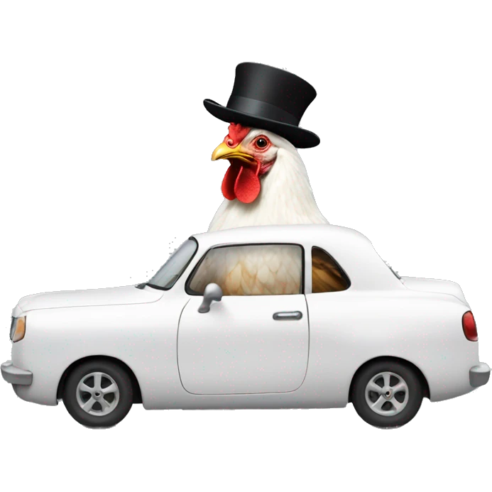 Chicken in a white race car wearing a top hat emoji