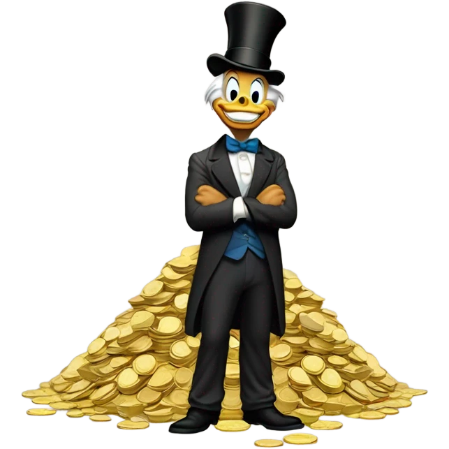 a slim successful looking scrooge mcduck standing atop a pile of money emoji