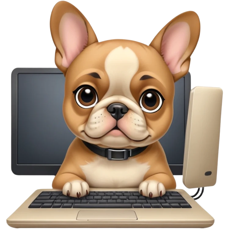 Fawn Frenchie with black muzzle working behind computer emoji