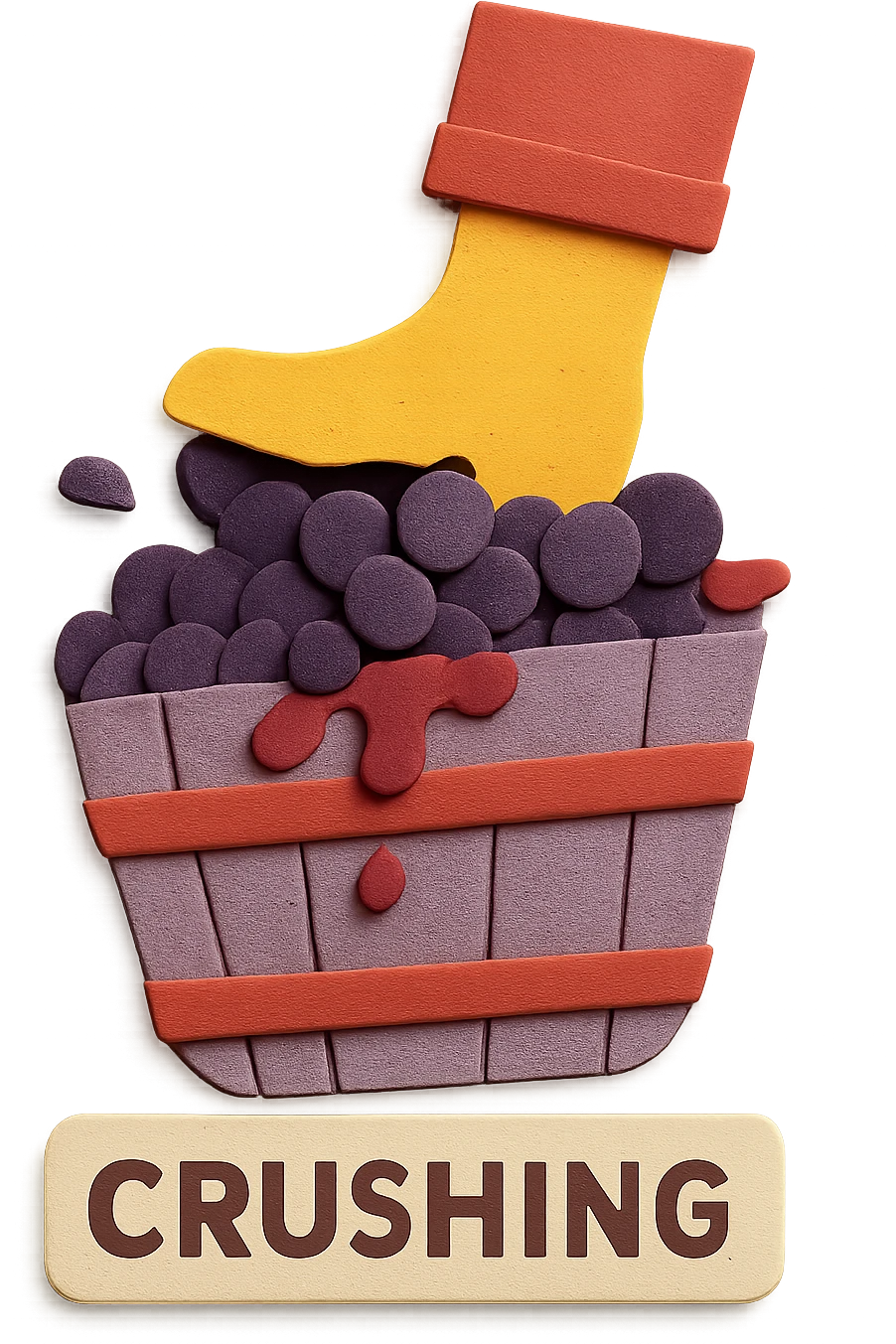 Create an icon representing the 'crushing' step in wine making, showing grapes being crushed more clearly and distinctly. Use a paper craft style with a new composition different from the original image. The background should be transparent with no background elements. emoji