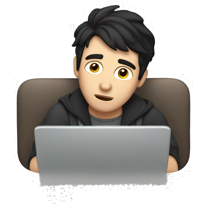 tired white man with black hair, sitting at a laptop


 emoji