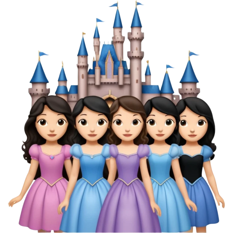Quiero que crees una imagen donde este el castillo de Disney y por detrás o delante pon a quatro chicas: una con el pelo largo rizado marrón , otra con el pelo muy corto negro, otra con el pelo mediano liso marrón y otra con el pelo negro largo liso emoji