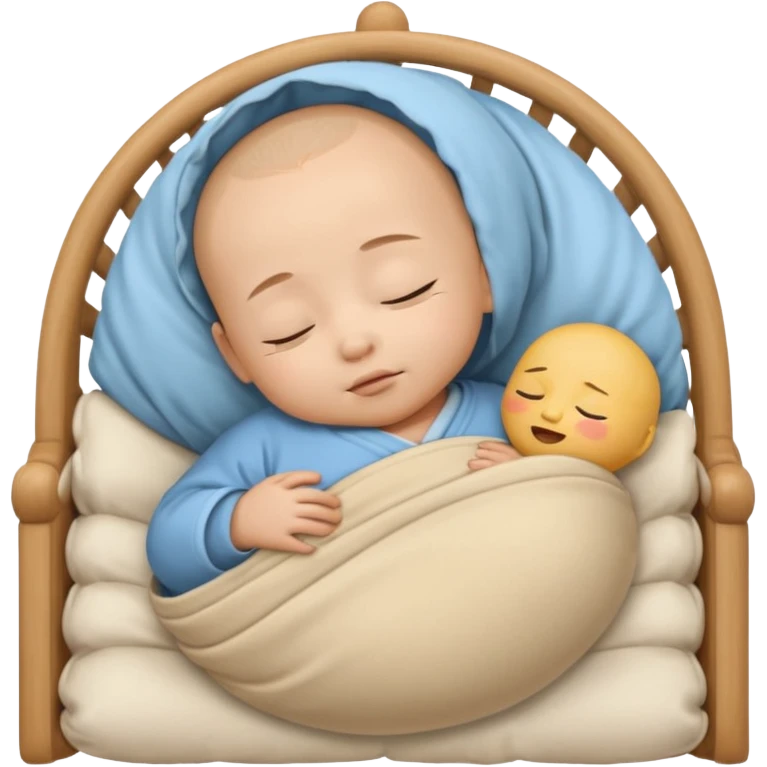 sleeping Asian baby boy swaddled, wooden crib, emoji style emoji
