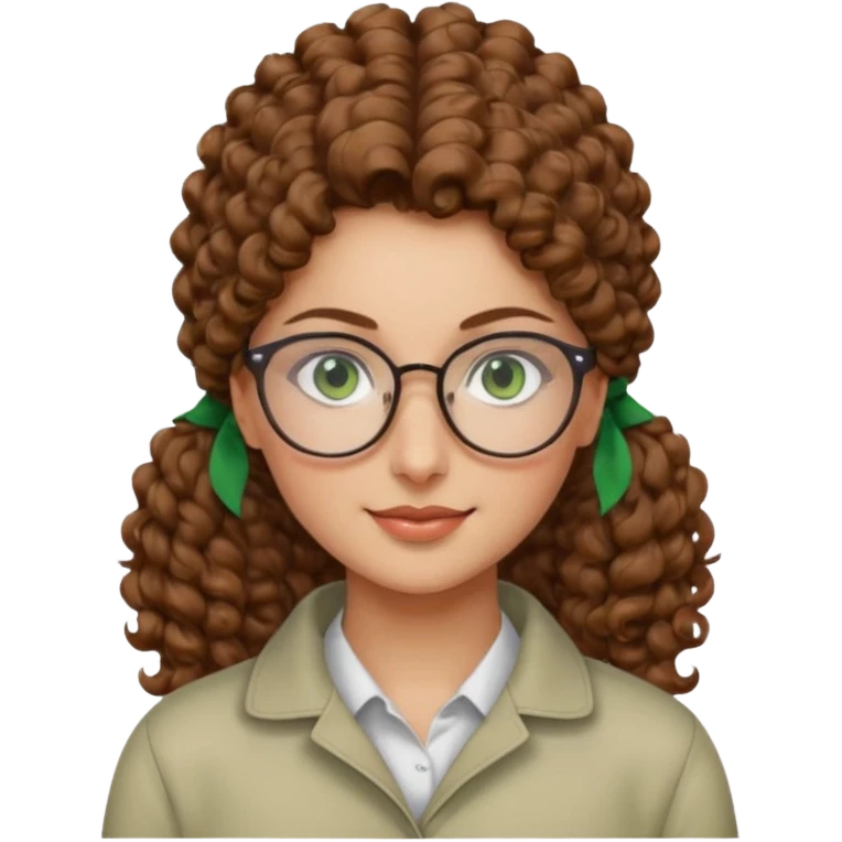 iranian woman, tight curly light brown hair in pony tail, glasses, green eyes, pretty, oval shape face emoji
