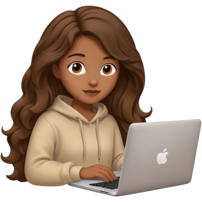 make a picture in ios 18 style of a girl with brown long wavy hair wearing cozy beige clothes and working on a laptop emoji