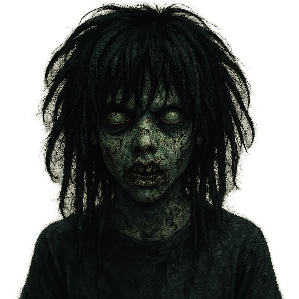 boy zombie with medium-long black dreads, emo and shaggy hairstyle, dark and spooky atmosphere, creepy expression emoji