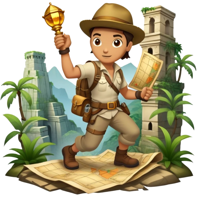 An icon featuring an adventurer in a dynamic action pose with treasure map, ancient ruins and jungle landscapes in the background. The design includes clues, hidden passages and climbing gear, symbolizing the thrill of exploration and discovery. Transparent background. emoji