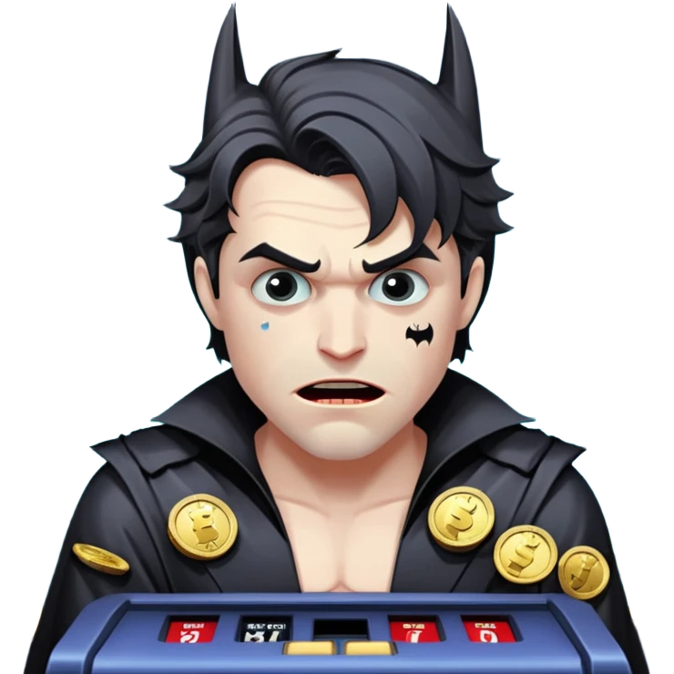 disheveled bat man losing money at a slot machine, panicked face, coins flying emoji