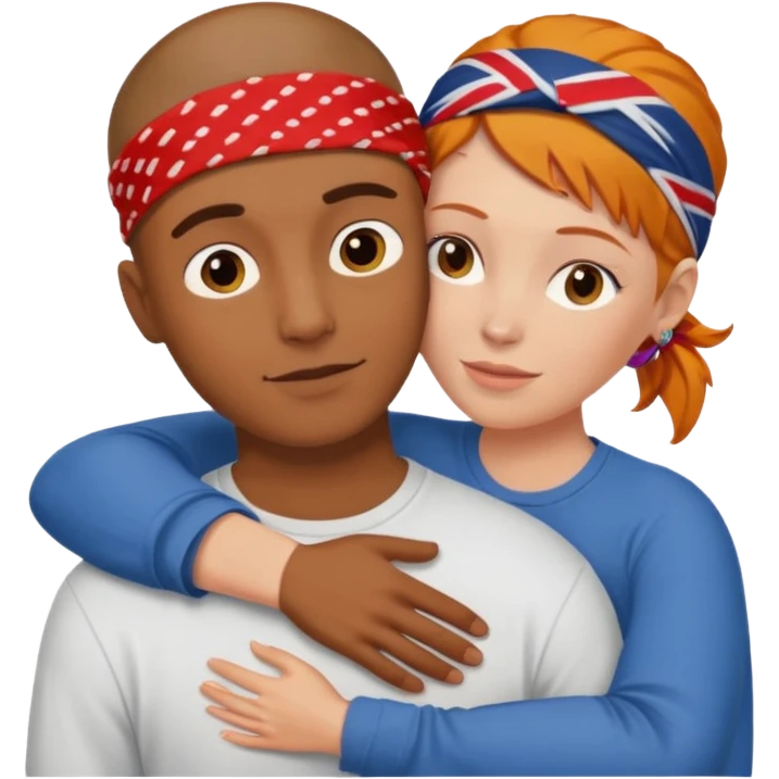 Two people hugging, brown guy with a buzzed cut and bandana, and a white woman with ginger hair emoji